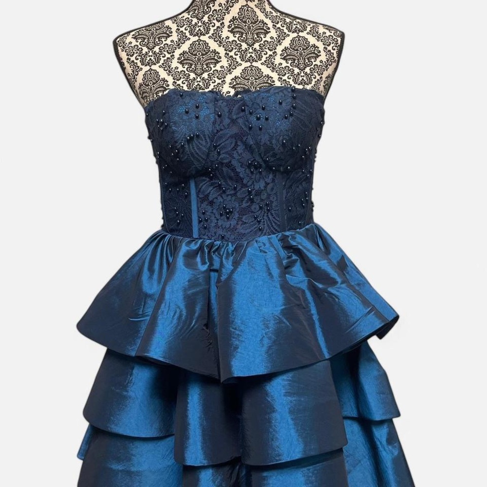 Blue Strapless Tiered Prom Dress